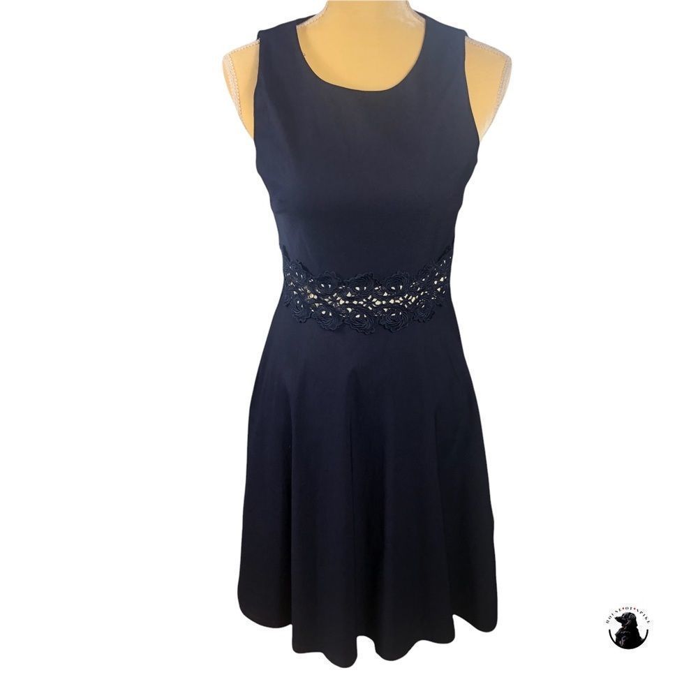 Homeyee Navy A-line Sleeveless Embroidered Waistband Dress Women’s Medium NWT